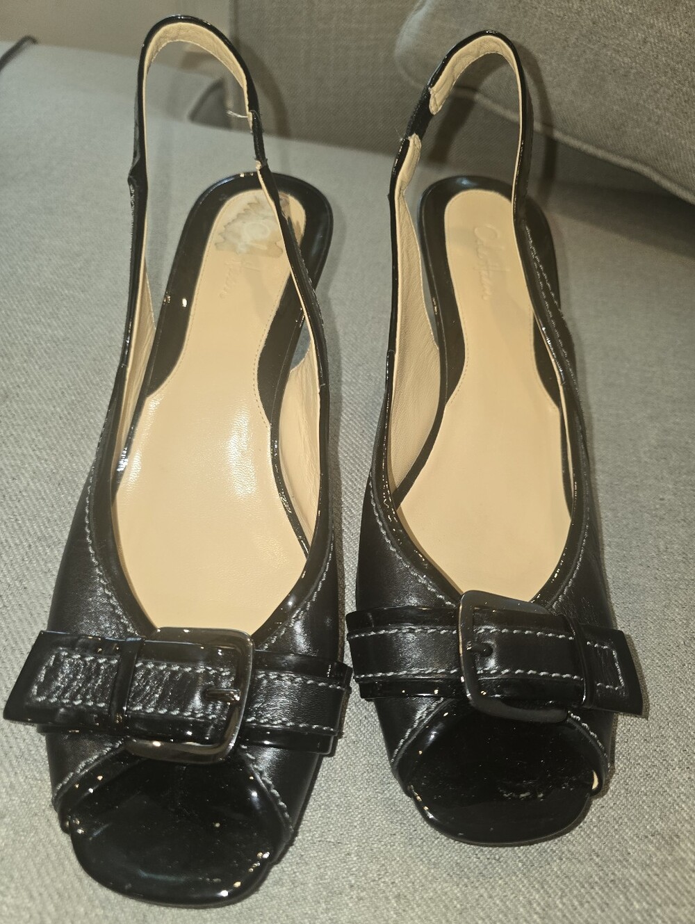 Cole Haan Black Patent Slingback Peep-Toe Flats with Buckle